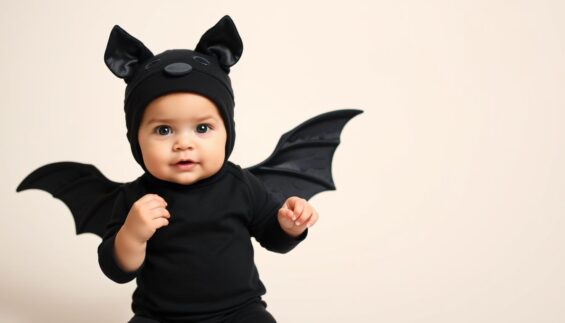 Baby-Fledermaus-Kostüm mit schwarzem Strampler und Ohrenhut Baby-Fledermaus-Kostüm mit schwarzem Strampler und Ohrenhut