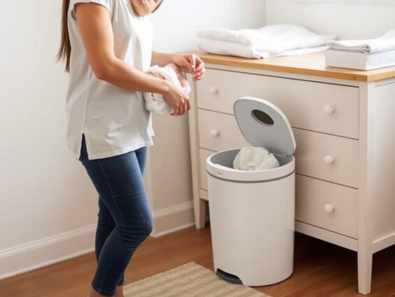 Eine Mutter entsorgt eine Windel in einem Windeleimer neben dem Wickeltisch Eine Mutter entsorgt eine Windel in einem Windeleimer neben dem Wickeltisch