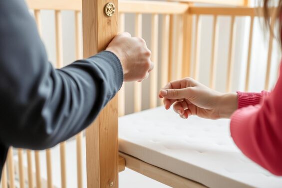 Eltern bei der Pflege und Sicherheitsprüfung eines Gitterbetts Eltern bei der Pflege und Sicherheitsprüfung eines Gitterbetts
