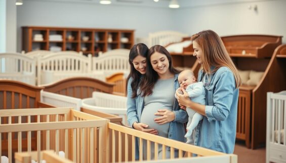 Familie beim Auswählen eines Gitterbetts im Möbelgeschäft Familie beim Auswählen eines Gitterbetts im Möbelgeschäft