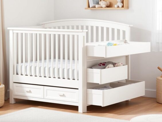 Gitterbett mit integrierter Wickelkommode und Stauraum für optimale Raumnutzung Gitterbett mit integrierter Wickelkommode und Stauraum für optimale Raumnutzung