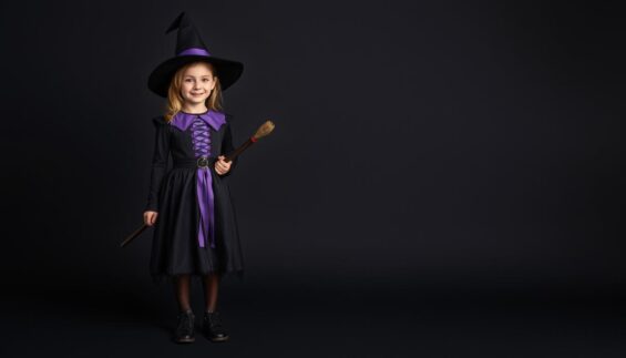 Hexenkostüm für Kinder mit schwarzem Kleid, Hut und Gürtel Hexenkostüm für Kinder mit schwarzem Kleid, Hut und Gürtel