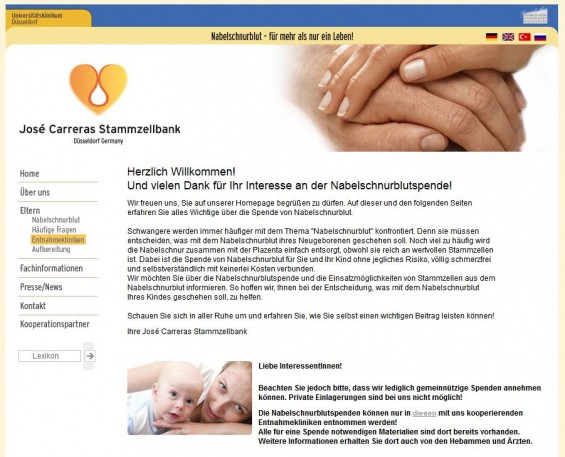 Die José Carreras Stammzellbank am Universitätsklinikum Düsseldorf wirbt um Nabelschnurblutspenden (Screenshot www.stammzellbank.de)