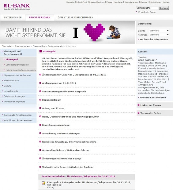 Infos und Anträge zum Elterngeld in Baden-Württemberg (Screenshot www.l-bank.de/lbank/inhalt/nav/privatpersonen/elterngeldunderziehungsgeld/elterngeld.xml?ceid=100383)