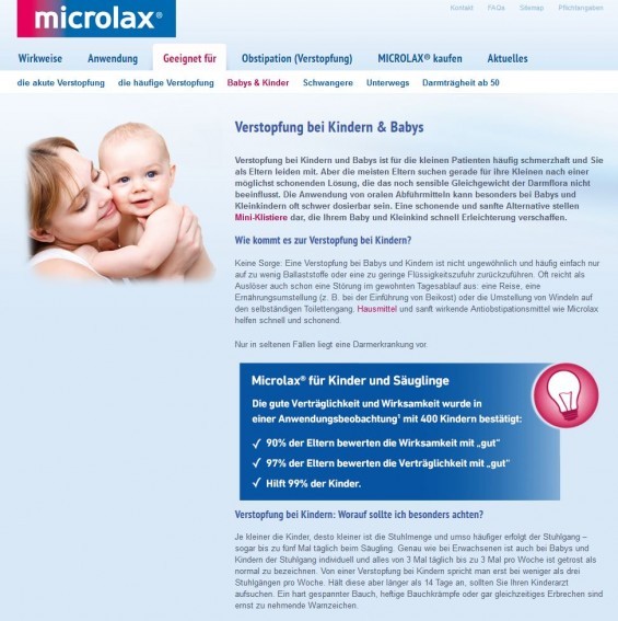 Verstopfung bei Kindern: Einige Arzneimittel wie z.B. das Mittel Microlax® sind sogar für Säuglinge zugelassen (Screenshot www.microlax.de/geeignet-fuer/verstopfung-bei-kindern-und-babys.html)