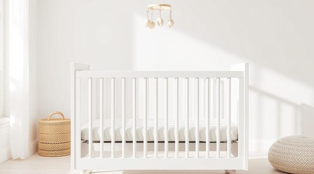 Modernes weißes Gitterbett mit höhenverstellbarem Lattenrost in einem hellen Babyzimmer