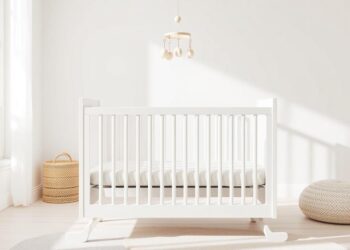 Modernes weißes Gitterbett mit höhenverstellbarem Lattenrost in einem hellen Babyzimmer