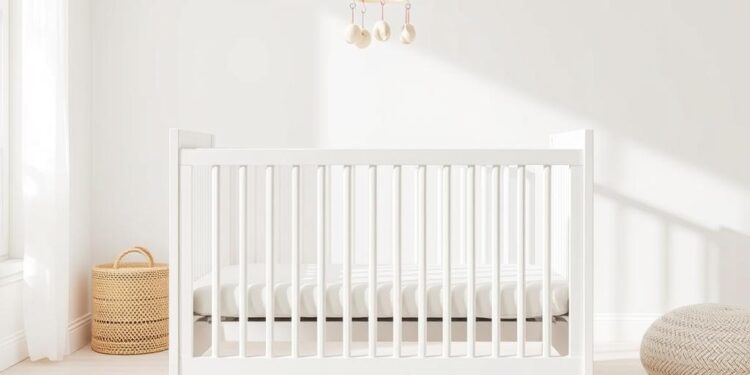 Modernes weißes Gitterbett mit höhenverstellbarem Lattenrost in einem hellen Babyzimmer