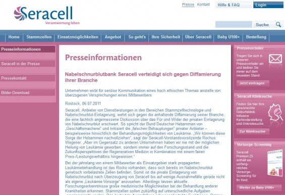 Seracell Nabelschnurblutbank verteidigt sich gegen Diffamierung ihrer Branche (Screenshot der Pressemitteilung von 06.07.2011)