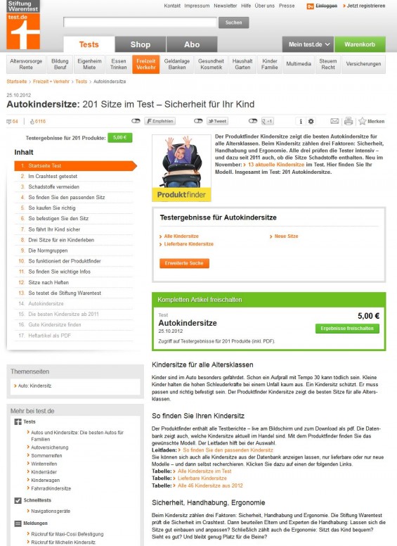 Stiftung Warentest: Autokindersitze im Test und Vergleich am 25.10.2012 (Screenshot www.test.de/Autokindersitze-201Sitze-im-Test-Sicherheit-fuer-Ihr-Kind-1806826-0/)