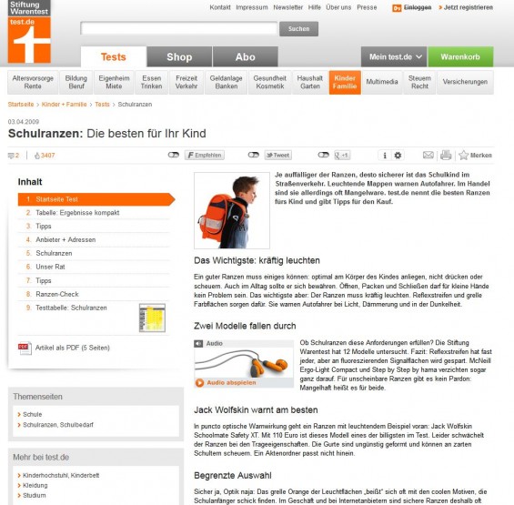Stiftung Warentest: Schulranzen im Vergleich (Screenshot www.test.de/Schulranzen-Die-besten-fuer-Ihr-Kind-1765493-0/ am 05.12.2012)