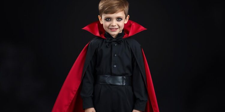 Vampir-Kostüm-Set für Kinder mit Umhang, Vampirzähnen und Narben-Tattoos