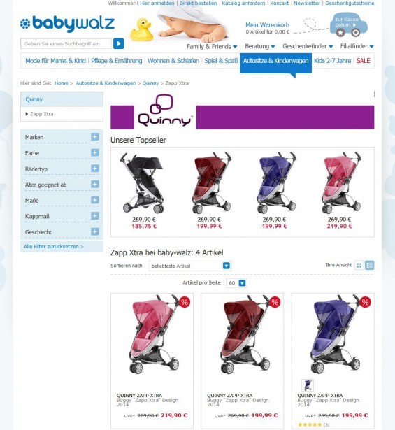 Amazon ist sicher ein günstiger Klassiker als Bezugsquelle für einen neuen Quinny ZappXtra - aber auch alle anderen gängigen Baby-Shops haben das überzeugende Teil im Angebot, hier Babywalz (Screenshot 29.07.2014)