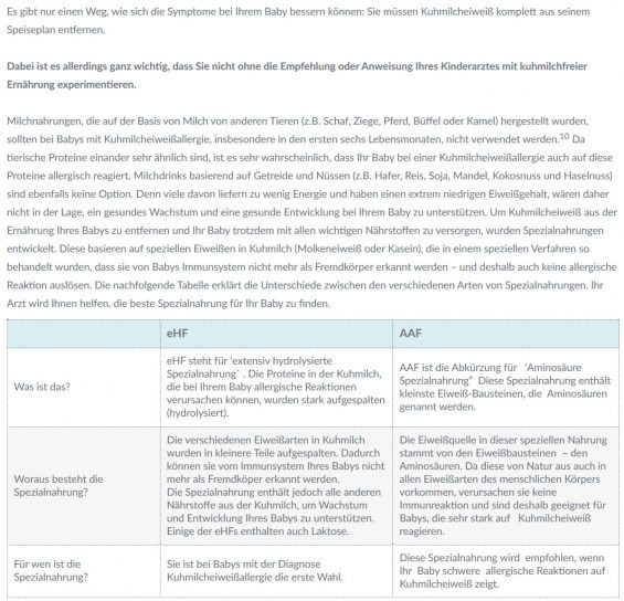 Kuhmilcheiweißallergie: Je nach Stärke der allergischen Reaktion auf Kuhmilcheiweiß / Kuhmilchprotein wird entweder 'nur' extensiv hydrolisierte Säuglingsnahrung verschrieben (eHF) oder aber reine Aminosäure-Gemische (AAF) - Screenshot https://www.nestlehealthscience.de/gesundheitsmanagement/nahrungsmittelallergien/kuhmilchallergie/kuhmilchallergie-ernahrung am 25.04.2017