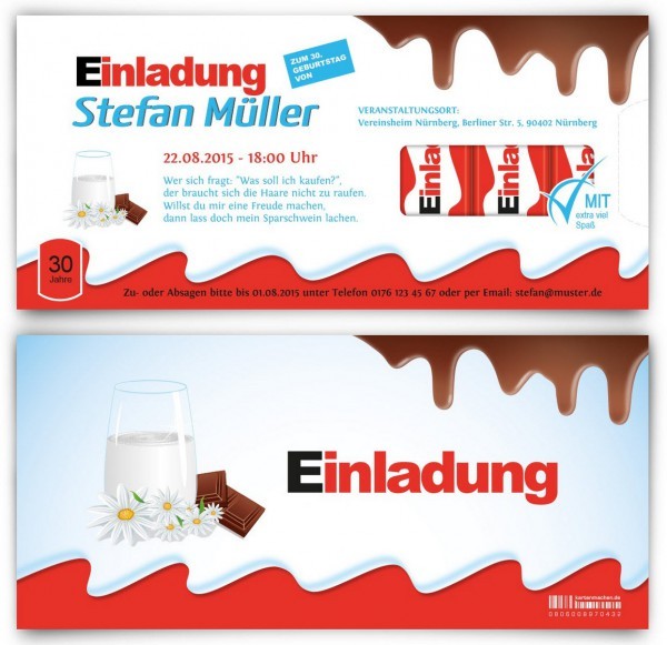 Einladungskarte im "Kinder Schokolade"-Look (Screenshot https://www.kartenmachen.de/einladungskarten-schokolade-fur-kinder.html am 31.12.2015)