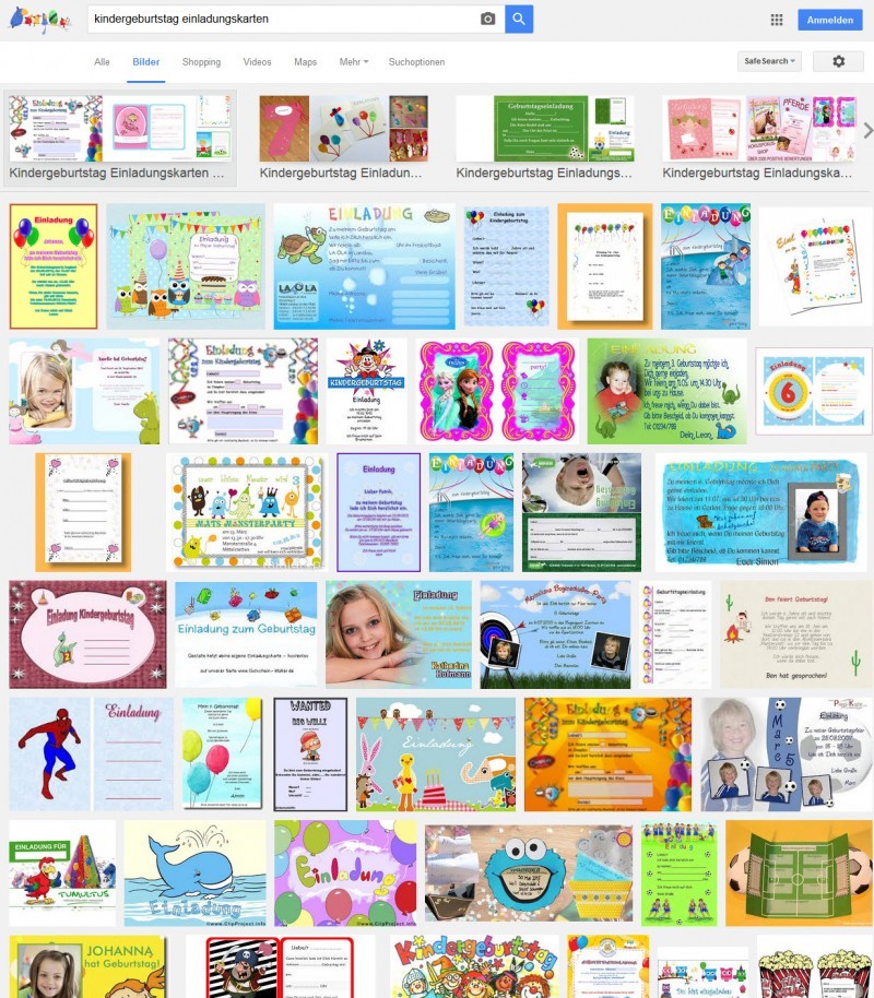 Beispiele für Einladungen zum Kindergeburtstag (Screenshot Google Bildersuche nach Kindergeburtstag Einladungskarten am 31.12.2015)