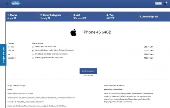 Für unser altes iPhone 4S bietet uns momox.de noch immerhin 233 EUR (Screenshot 19.03.2014)