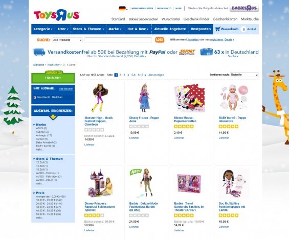 Toys-R-us: Spielzeug Geschenkideen für Mädchen im Alter von 3-4 (Screenshot http://www.toysrus.de/refinement/index.jsp?categoryId=4033781&f=PAD&fg=Geschlecht&fv=Boy+Girl%2FM%C3%A4dchen&fd=M%C3%A4dchen am 08.01.2014)