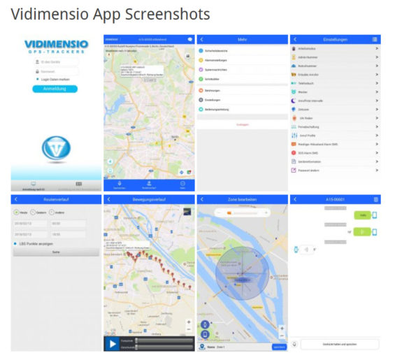 Screenshots der Vidimensio App - So können Sie den Smartwatch-Uhren-Träger per App lokalisieren und überwachen (https://trackers.vidimensio.de/vidimensio-app-screenshots am 12.07.2018)