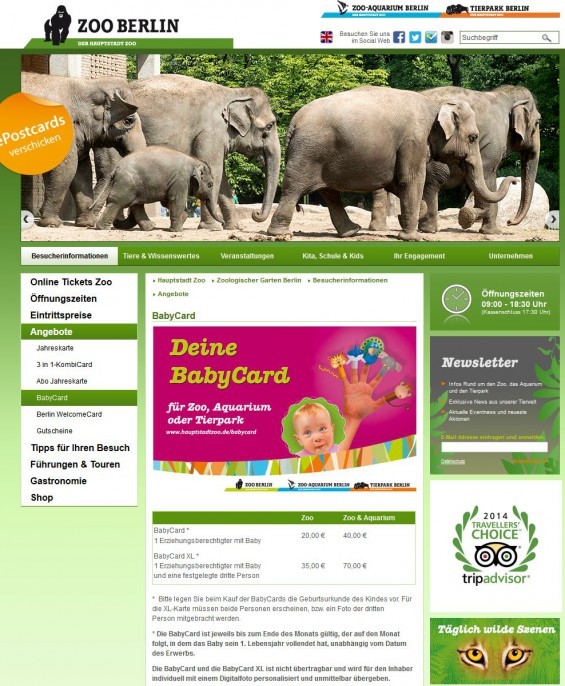 Wer halbwegs in der Nähe des Zoologischen Gartens wohnt, für den ist die Zoo Berlin BabyCard eine tolle Sache: Zum Pauschalpreis kann man im ersten Lebensjahr des Babys den Zoo gemeinsam so oft besuchen, wie man mag. Genau das Richtige für die vielen Spaziergänge mit dem Kinderwagen. (Screenshot zoo-berlin.de)